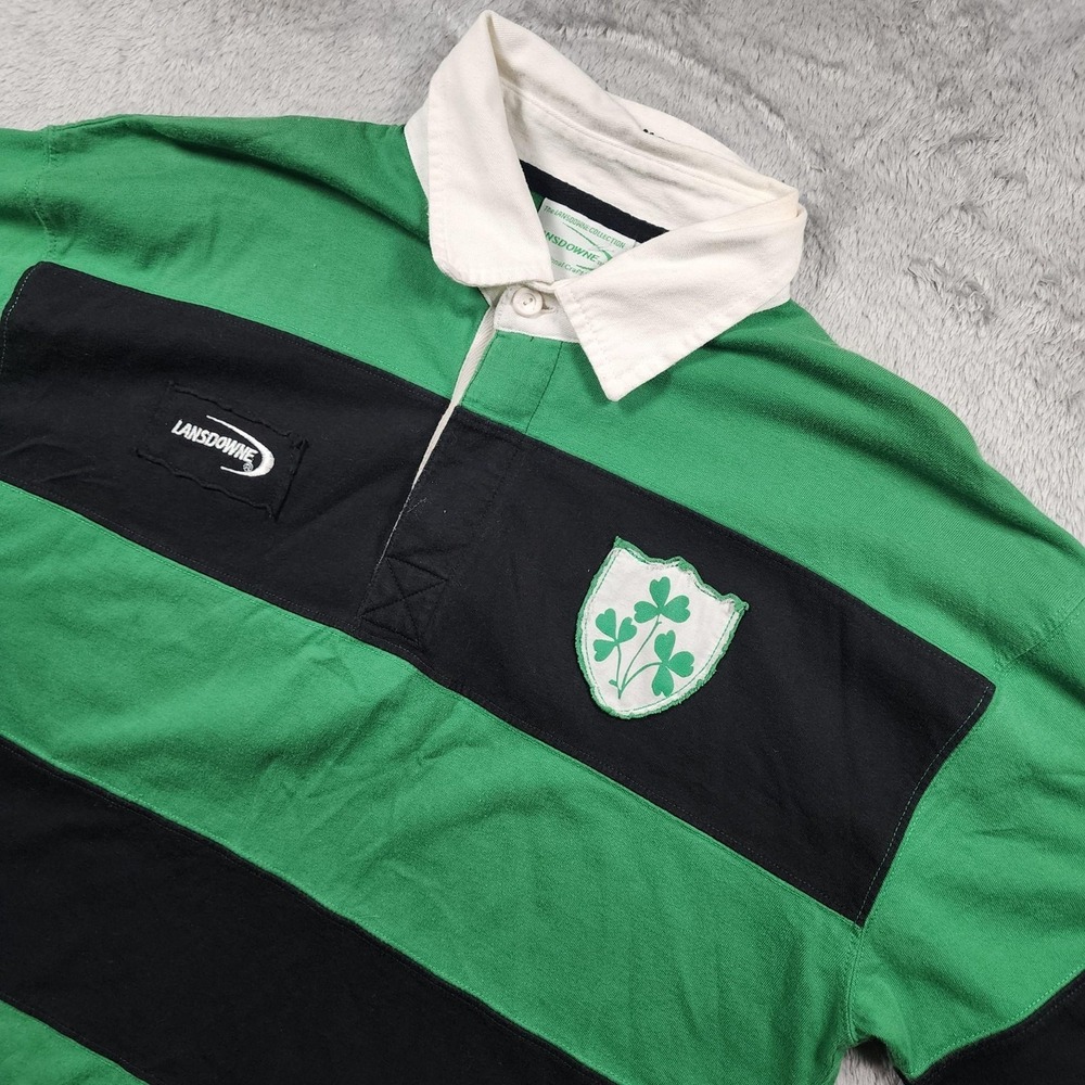 Lansdowne Rugby Polo Shirt Mens Medium Green Black Striped Ireland Shamrock